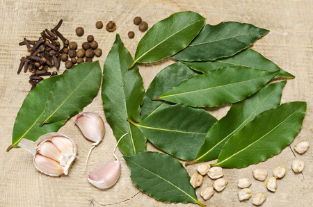 Photo of fresh bay leaves along with some spices