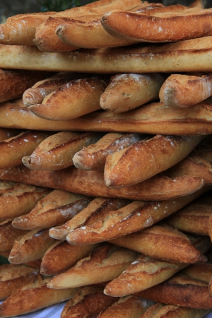 traditional French baguettes at the market