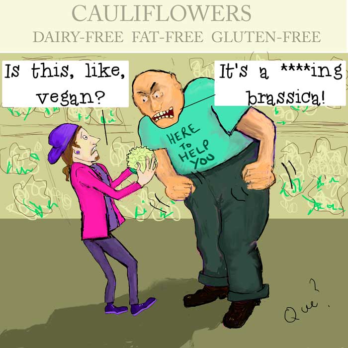 cartoon of a teen asking if a cauliflower is vegan